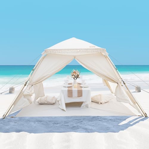OutdoorMaster Pop Up Beach Tent with Fringe for 4 Person, Easy Setup and Portable Beach Shade Sun Shelter Canopy with UPF 50+ UV Protection, 11MM Thick Pole