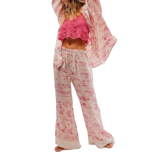 Women Satin Pajama Set Floral Silk Pajamas 2 Piece Lounge Sets Button Down Shirts Wide Leg Pants Pjs Sleepwear