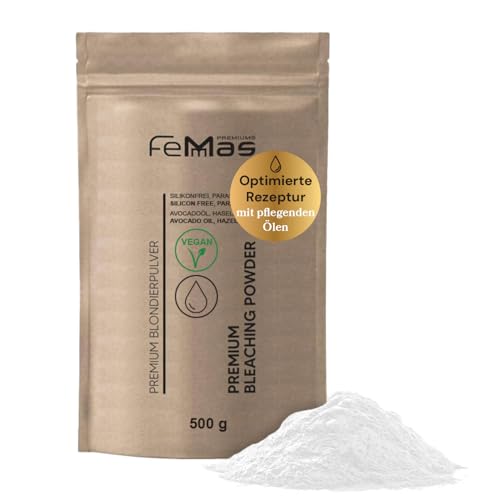 FemMas Polvo de blanqueamiento premium 500 g, vegano, blanqueamiento suave hasta 9 tonos, sin crueldad animal, sin parabenos