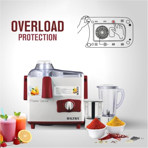 Image of BALTRA Master Deluxe 500W Juicer Mixer Grinder | 2 Jars (1.5L & 1L) | 3-Speed Control | SS Blades | Large Pulp Collector | Ideal for Fruits & Juices | 2-Year Warranty | Compact & Powerful
