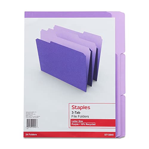 Staples 659790 Colored Top-Tab File Folders 3 Tab Purple Letter Size 24/Pack #TOP1