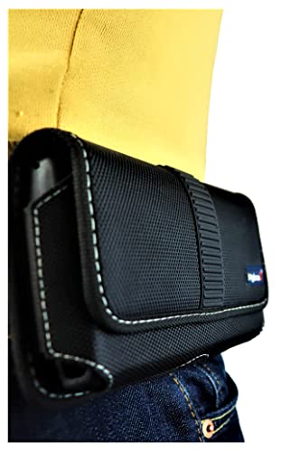 Mgbca Nylon Cell Phone Holster Pouch Compatible W/ (Commuter/Defender) Galaxy S23 S22 S21 S20 Ultra, Belt Loop Clip Holder, Magnetic Closure, Fits Case On (Black-Sideways) #TOP6