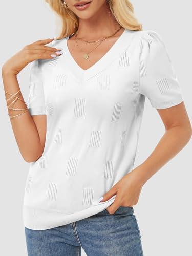 Image of ATHMILE Summer Tops for Women 2025 Short Sleeve V Neck Sweaters Dressy Casual Blouses Lightweight Thin Knit Fashion Shirts