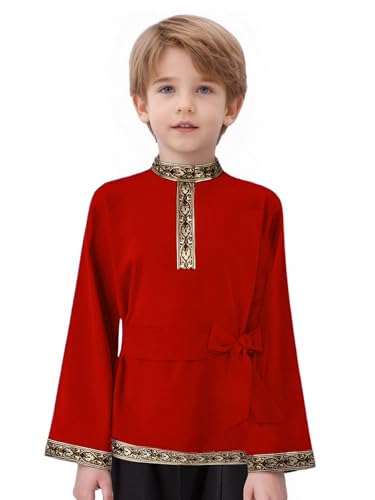 XUNZOO - XUNZOO Enfant Garçon Costume De Danse Traditionnelle Russe Chemise Avec Ceinture Costume D'héritage Russe Halloween Soirée Cosplay Band Noël Rouge 7-8 ans