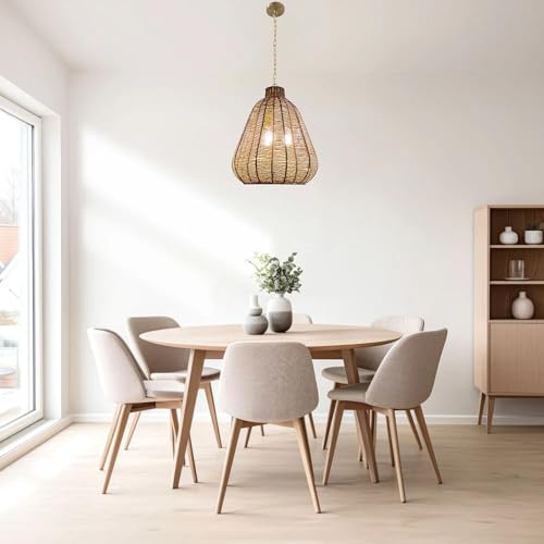 Image of 3-Light Rustic Twisted Rope Pendant Light with Gold Chain, Handcrafted Boho Hanging Ceiling Fixture, Natural Rattan Woven, E26 Bulb Compatible (16 inch)