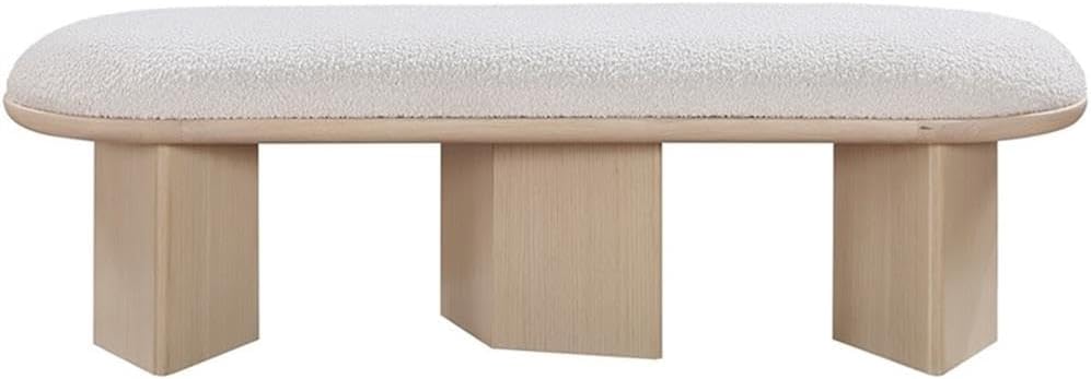 Pemberly Row Modern Cream Boucle Fabric Bench, 57.5" W x 20" D x 18" H, Solid Wood Natural Oak Finish, Art Deco Design, Plush Seating for Entryway, Living Room or Bedroom