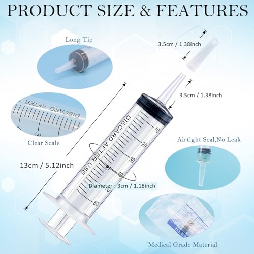 Image of 50 Pack 60mL Large Plastic Syringes with Catheter Tip and Caps, Clear Measuring Syringes for Liquids, Oral Feeding, Labs, Dispensing, Jello Shots, Home and Craft Use, No Needle