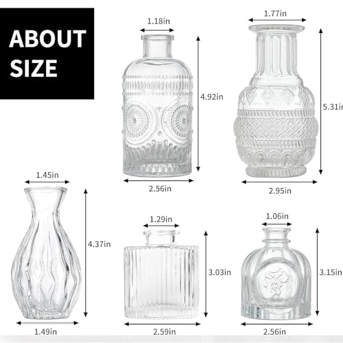 Image of TIED RIBBONS Glass Bud Vases for Flowers - Pack of 5 Clear Antique Glass Centrepiece for Mini Flowers- Antique Collections for Floral Arrangements Home Decorations Item for Home Decor