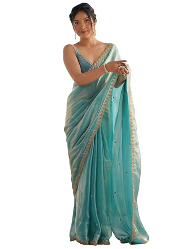 Image of AKHILAM Women's Shimmer Tissue Embroidered Saree With Unstitched Blouse Piece