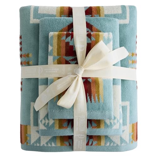 Pendleton 3 Piece Bath Towel Set - Bath Hand and Washcloth 100% Cotton Shower Towels Soft and Highly Absorbent Quick Dry Fade Resistant for Bathroom Hotel and Spa - Aqua