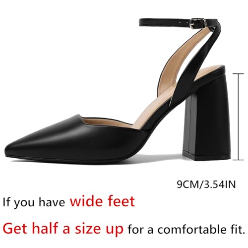 Image of RIBONGZ Block Heels for Women Closed Pointed Toe Heeled Slingback Chunky High Heel Ankle Strap Pumps Patent Leather Comfort Dressy Shoes for Work Party Prom Wedding Bridal Dress