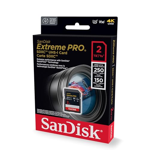 Image of SANDISK 2TB Extreme PRO SDXC UHS-I Memory Card - Up to 250MBs - C10, U3, V30, 4K UHD, SD Card - SDSDXXD-2T00-GN4IN
