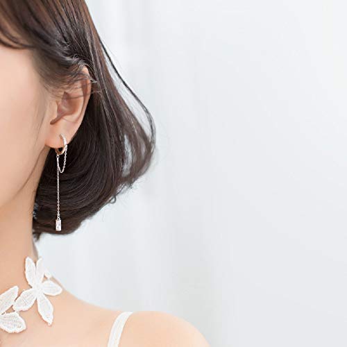 Cz Small Hoop Cuff Earrings With Long Chain Dangle S925 Sterling Silver For Women Girls Cartilage Sensitive Ears Fashion Elegant Cubic Zirconia Threader Tassel Dangling Hypoallergenic Gifts #TOP4
