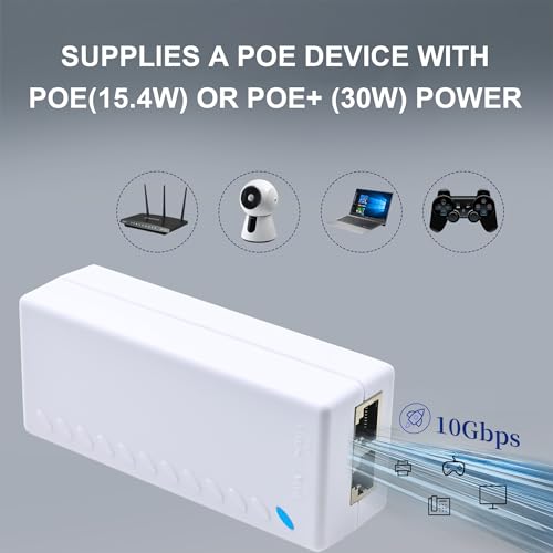 Image of 10Gbps PoE+ Injector - Powerline Network Adapter, 30W | IEEE 802.3af /at Compliant, 15.4W (PoE) or 30W (PoE+), Up to 100m (328ft), For Cameras, Access Points & IP Phones