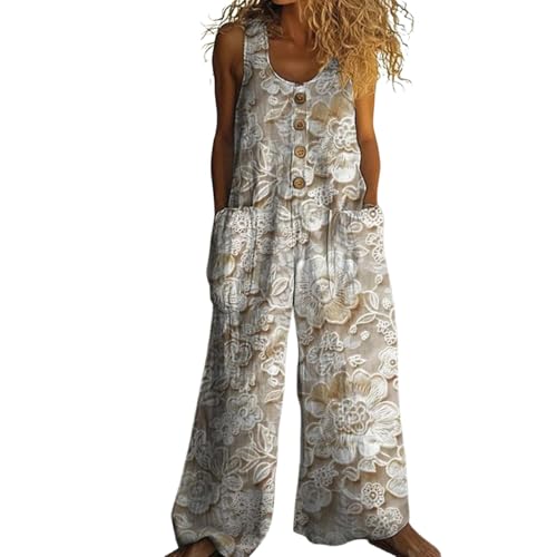 Overol de lino sin mangas para mujer mono informal de verano ancho con flores