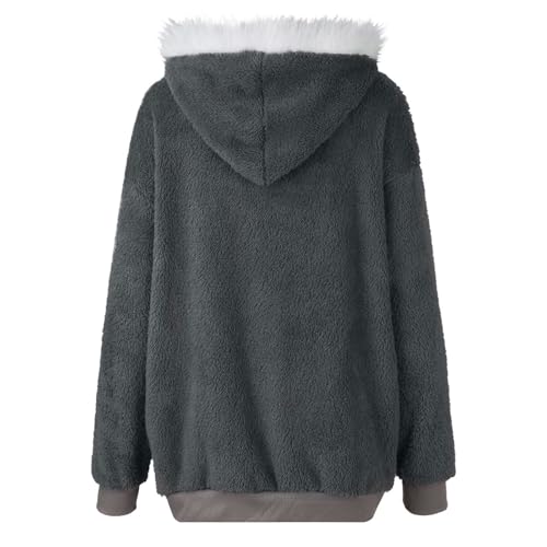 Fuzzy Fleece Jackets for Women Plus Size Hoodies Fall Winter Coats Color Block Patchwork Cardigan Coat with Pockets