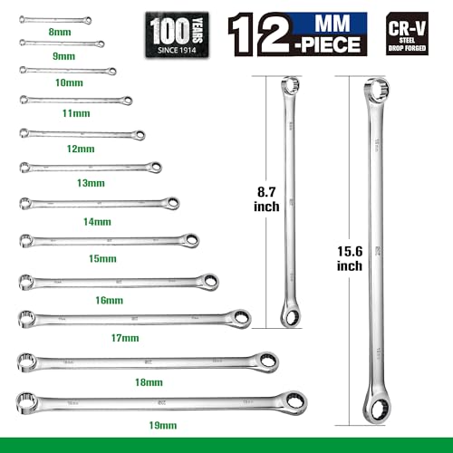 Image of SK Extra Long Ratcheting Wrench Set, Double Box End Wrench Set, 12-Piece, Metric, 8 mm to 19 mm, 72-Tooth, Premium CR-V Construction, with Rolling Pouch