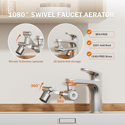 Frizzlife Water Filter for Sink Faucet Extender Aerator, 9pcs Filter Reduce 99% Chlorine, 1080° Rotating Brass Swivel Aerator, 2 Modes Attachment Faucet Filter for Skin Kitchen Bathroom Sink, FF1080 by FRIZZLIFE - Image 5