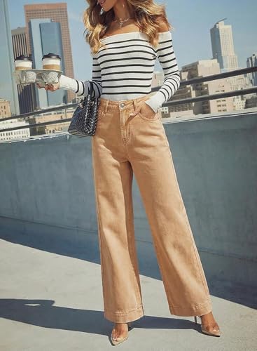 Image of Dokotoo Women's Casual High Waisted Jeans Stretch Wide Leg Loose Denim Pant