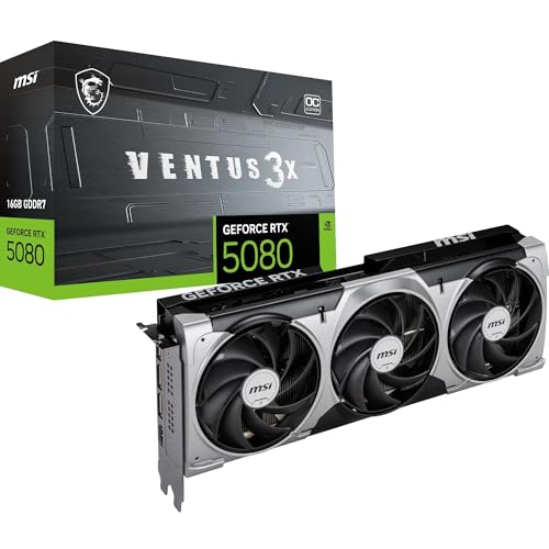 MSI NVIDIA GeForce RTX 5080 16G Ventus 3X OC Carte Graphique - 16 Go GDDR7 (30 GB/s /256 Bits), PCIe 5.0 - Triple Ventilateur (3X Ventilateurs TORX 5.0), HDMI 2.1b, DisplayPort 2.1b