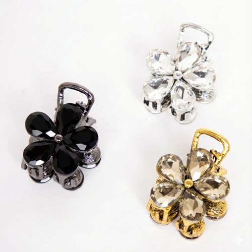 Image of Radhu & Kabby Crystal Flower Hair Claw Clip Pack | Black, Silver & Gold Metal Claw Clips for Women | Strong Grip Stylish Diamond-Cut Stone Floral Hair Accessories | Pack of 3