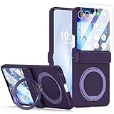 Designed for Samsung Galaxy Z Flip 7 Case Magnetic with Hinge Protection& Screen Protector & Kickstand [Compatible with MagSafe],Slim Protective Phone Case Cover for Z Flip 7 - Dark Purple