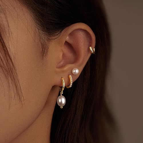 Image of Small Gold Huggie Hoop Earrings Set for Women Men Hypoallergenic 14K Plated Stack Cartilage Earrings, Sterling Silver Multiple Piercing Lightweight Mini Thin Cute Dainty Trendy Jewelry Gifts for Women