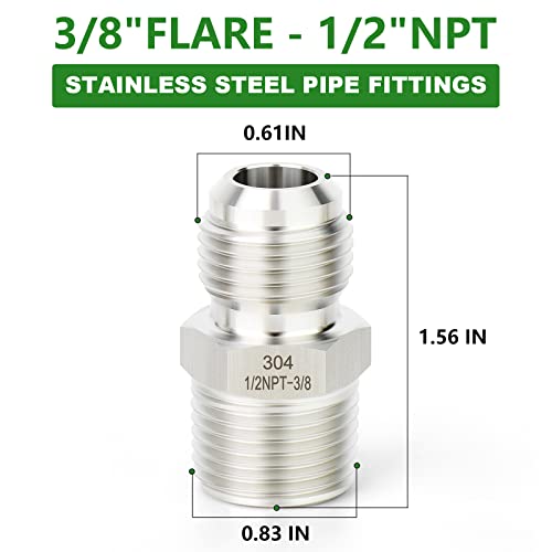 Image of TAISHER 2PCS Forging of 304 Stainless Steel Tube Flare Fittings, 3 /8 inch Male Flare x 1 /2 inch NPT Male, Half Union
