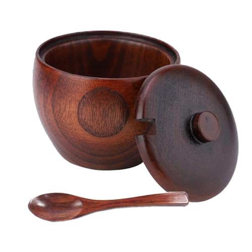 Azucarero de madera, condimento Caja de sal con tapa y cuchara para azúcar, sal, salsa, vinagre, pimienta