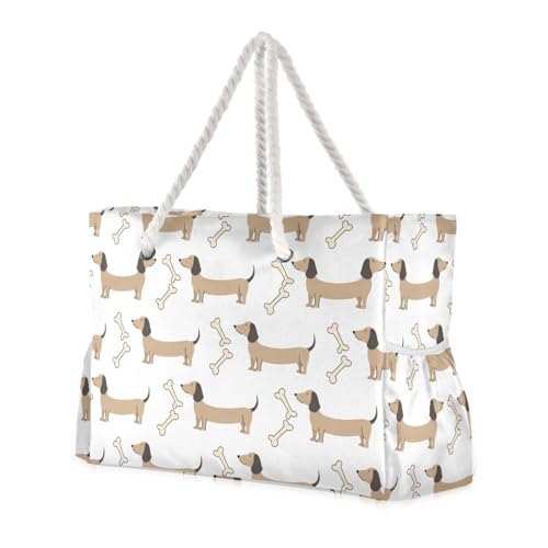 Dachshunds and Dog Bones Beach Bag & Travel Tote Bag Large Sandproof with Zipper Closure, Wet Pouch for Swim Gym Travel, Lightweight Foldable Outdoor Bag