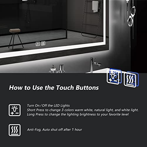 ROOMTEC 36 x 30 Inches LED Bathroom Mirror with Front and Backlit,Anti-Fog,3 Colors and Dimmable Light(Horizontal/Vertical), Silver