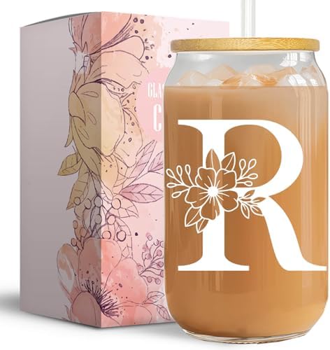 Initial Glass Cup, Monogrammed Gifts for Women, 16 oz Glass Cups with Lids and Straws, Coffee Smoothie Beer Glass Personalized Christmas, Birthday Gifts for Her Mom (R)