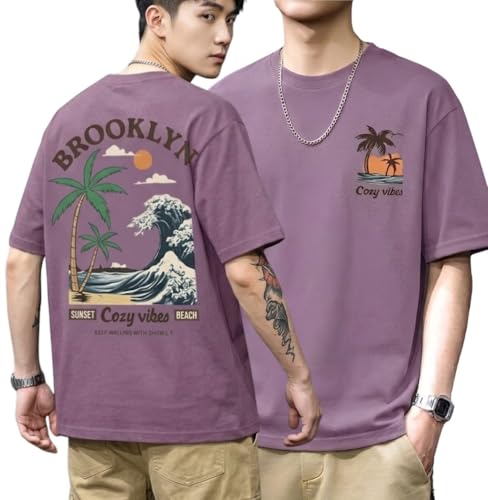 Image of SMOWKLY Authentics Men's Brooklyn Beach Digital Printed T Shirt | Round Neck Half Sleeve Casual T Shirt for Men | Casual Baggy Fit Stylish Comfortable Streetwear Fashion Tshirt for Men