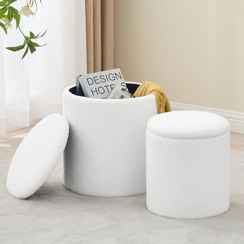 Round Set of 2 Ottoman with Storage, Boucle Storage Ottoman Foot ...