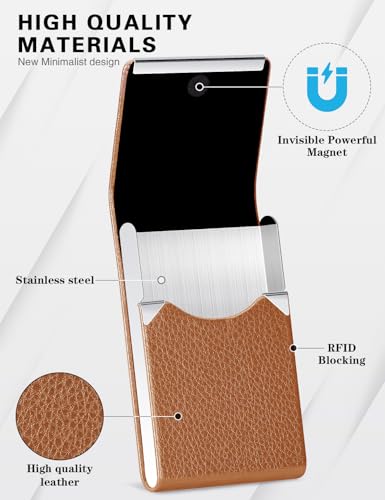 Image of Padike Leather Business Card Holder Metal Business Card Case Slim Professional Name Card Holder with Magnetic Shut (Apricot)