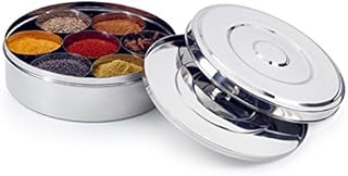 Zinel 7116 Spice Box/Masala Dabba with 7 Comparments and 2 Stainless Steel Lid, 22 cm, Silver