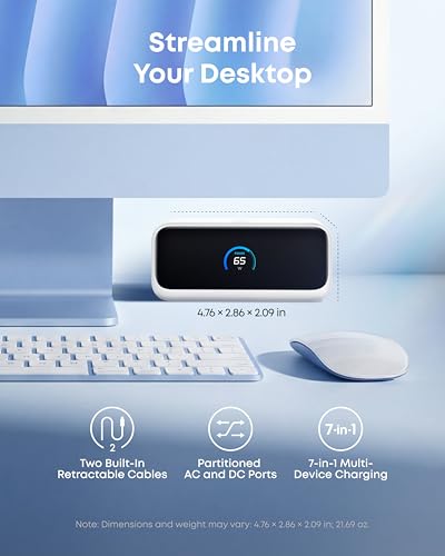 Image of Anker Nano Charging Station, 100W 7-in-1 Power Strip, 2.3ft InstaCord Retractable Cable, Gaming Desk Accessories for Multiple Devices, 3 AC, 3 USB C, 1 USB A, MacBook Charger, Home Office(Non-Battery)