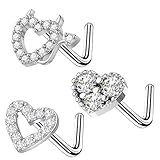 VERAMI 20G 3PCS Nose Ring Studs 316L Heart Nose Rings Nose Studs Heart Nose Stud Surgical Steel CZ L-Shaped Body Piercing Jewelry