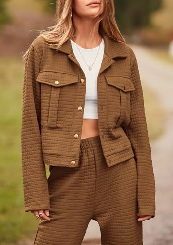 Image of PRETTYGARDEN Womens Two Piece Sets Fall 2026 Long Sleeve Button Down Shacket Jacket Long Sweatpants Tracksuit Winter Clothes