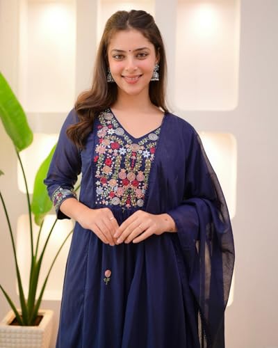 Image of KLOSIA Women Embroidery Solid Anarkali Kurta and Pant Set with Dupatta