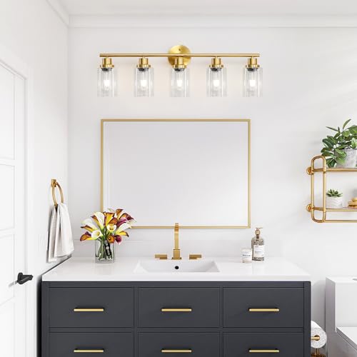 Image of 5-Light Bathroom Vanity Lights, E26 Modern Brushed Gold Bathroom Light Fixtures with Clear Glass Shade, Mirror Kitchen Hallway Cabinet Living Room Sconces Wall Lights