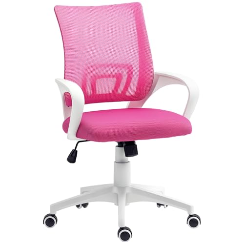 HOMCOM Silla de Oficina de Malla Silla de Escritorio Giratoria con Altura Ajustable Función de Basculante Soporte Lumbar y Reposabrazos Silla para Estudio Carga 120 kg Rosa