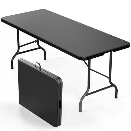 Bonnlo Folding Table 6ft Portable Collapsible Plastic Black Long Tables for Party Camping Banquet Craft Dining Wedding Outdoor and Indoor Use