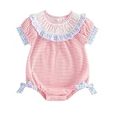 ZIXILOVGIR Baby Girl Easter Outfit Bunny Cross Embroidery Bubble Romper Short Sleeve Easter Onesie Cute Smocked Clothes (Blue Daddy's Girl, 6-12 Months)