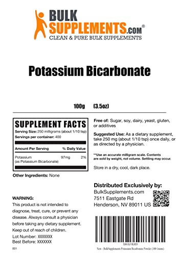 Bulksupplements.com Potassium Bicarbonate Powder - Potassium Supplement Powder - Potassium Bicarbonate Food Grade - Food Thickener - Potassium Supplement - Potassium Powder (100 Grams - 3.5 Oz) #TOP1