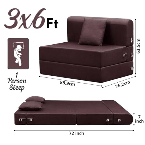 Image of Foldable One Seater Sofa Cum Bed 3 x 6 Ft Jute Fabric Washable Cover with One Cushion Convertible for Home, Bedroom, Office Brown Color Pre-Assembled