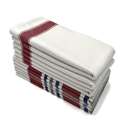 Lincoln & Palm Natural Cotton Tea Towels, 27 x 19, Set of 6 Herringbone Kitchen Dish Towels, Flour Sack Flat Woven for Drying Dishes, Hands, or Bread Proofing, Striped, Patterned Designs (Red)