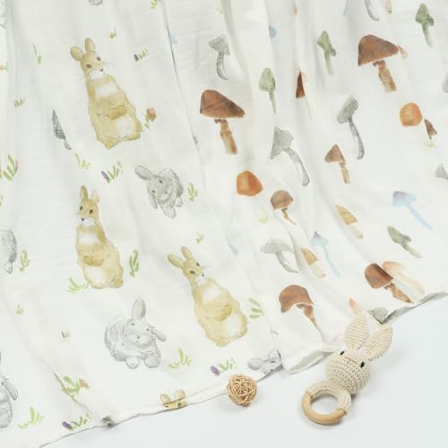 Image of BabyWhale Muslin Swaddle Blankets Neutral, Baby Swaddling Wrap Nursery Blanket for Boys & Girls Neutral, Soft 70% Viscose from Bamboo and 30% Cotton, Large 47 x 47 inches, Mushroom & Rabbit Pattern