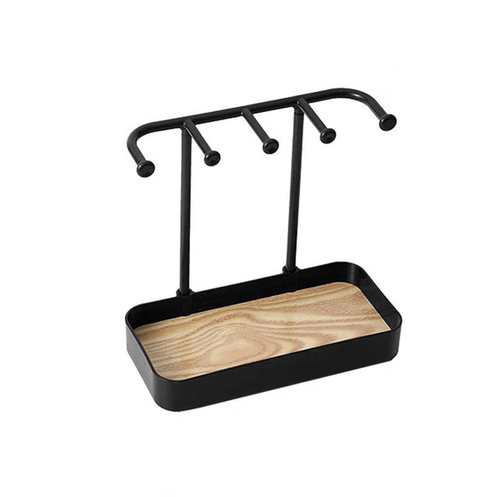 esowemsn 1PC Black Desktop Jewelry Organizer Stand Plastic Earring Holder Keychain Bracelet Holder with Wooden Tray 5 Hooks Necklaces Hanging for Necklaces,Bracelets,Chains,Rings,Earrings,Keys