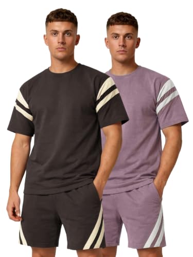 Image of CHKOKKO Men's Co-Ord Set Premium Cotton Blend Oversized T-Shirt & Shorts Cord Set with Side Pockets Round Neck Half Sleeves Solid with Contrasting Stripes Summer or Casual Wear